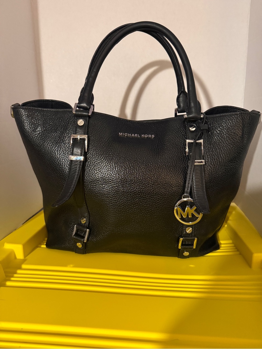 Michael Kors Black Pebbled Leather Tote with MK Logo Charm
